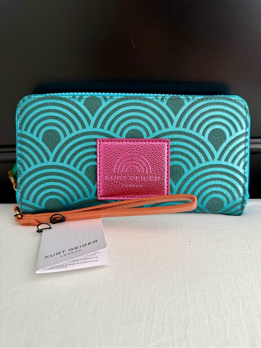 Kurt Geiger Turquoise Patterned Zip Wallet with Pink Badge and Tan Wristlet